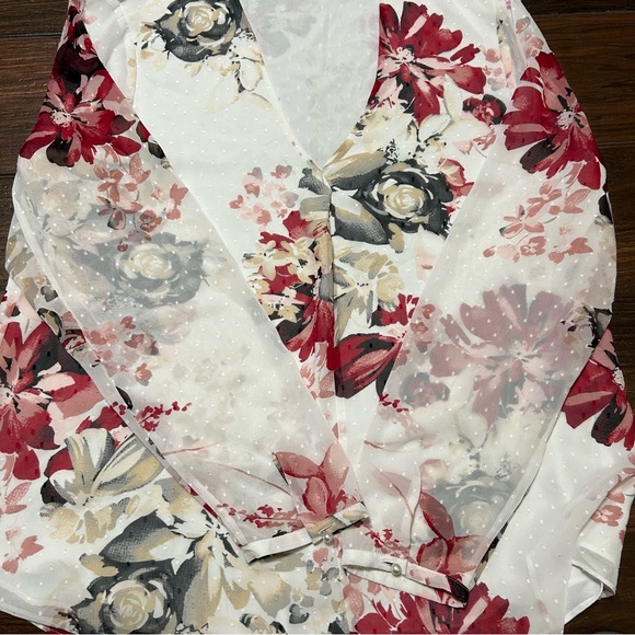 WHBM 14 Peasant Blouse V Neck Floral Long Sleeve White Black Red Tan - Picture 8 of 11